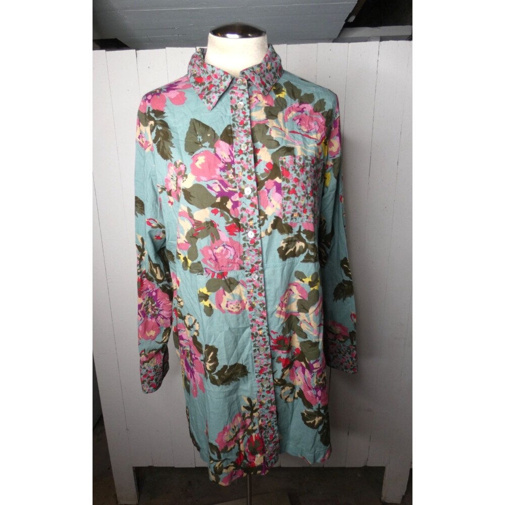 Soft Surroundings Women's L Scattered Roses Blue Floral Tunic Top Button Up